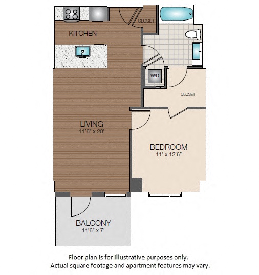 Floor plan for 1 bed, 1 bath, 712 sqft
