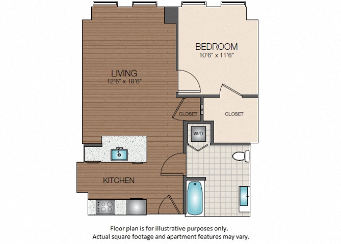 Floor plan for 1 bed, 1 bath, 721 sqft