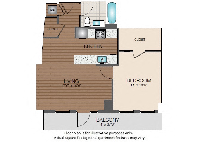 Floor plan for 1 bed, 1 bath, 713 sqft