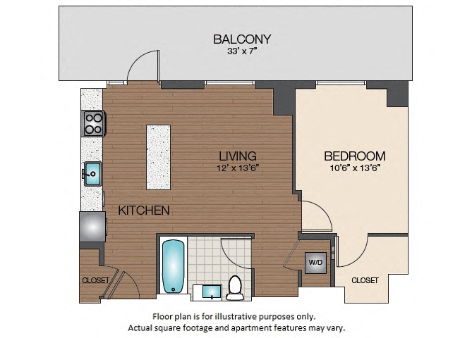 Floor plan for 1 bed, 1 bath, 671 sqft