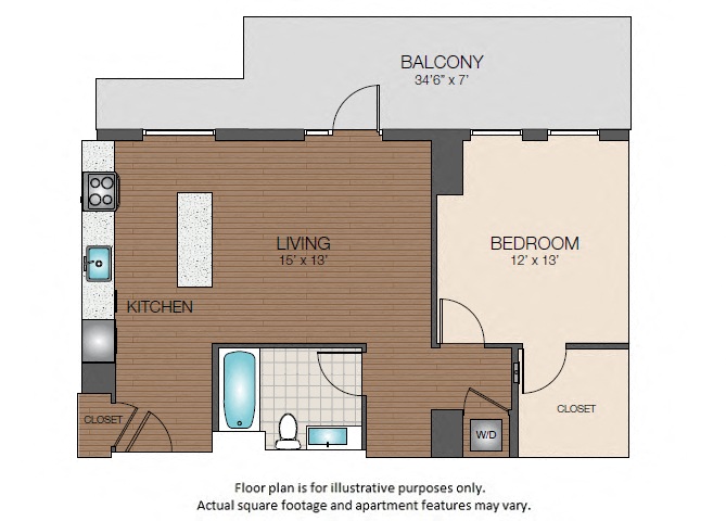 Floor plan for 1 bed, 1 bath, 764 sqft
