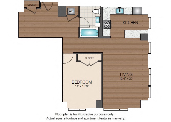 Floor plan for 1 bed, 1 bath, 894 sqft