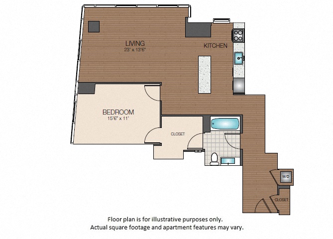 Floor plan for 1 bed, 1 bath, 995 sqft