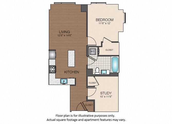 Floor plan for 1 bed, 1 bath, 830 sqft