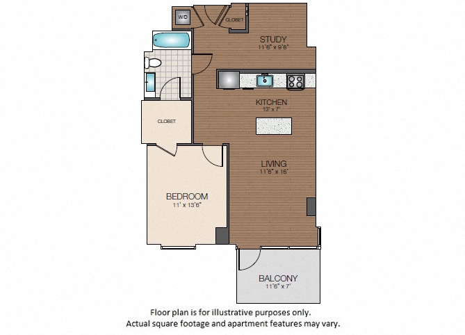 Floor plan for 1 bed, 1 bath, 845 sqft