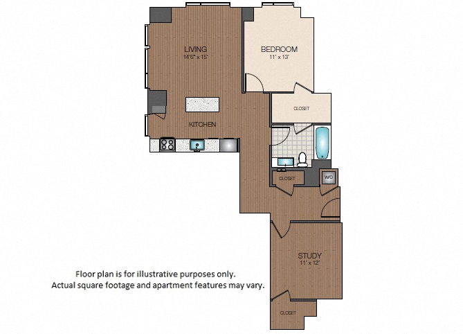 Floor plan for 1 bed, 1 bath, 1011 sqft