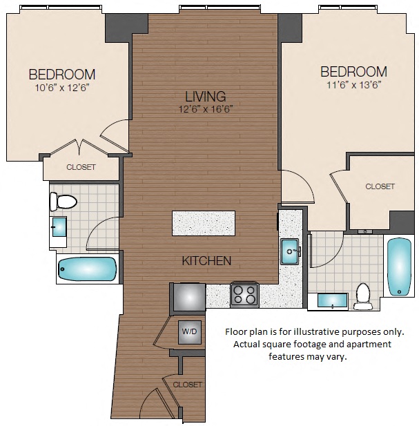 Floor plan for 2 beds, 2 baths, 978 sqft
