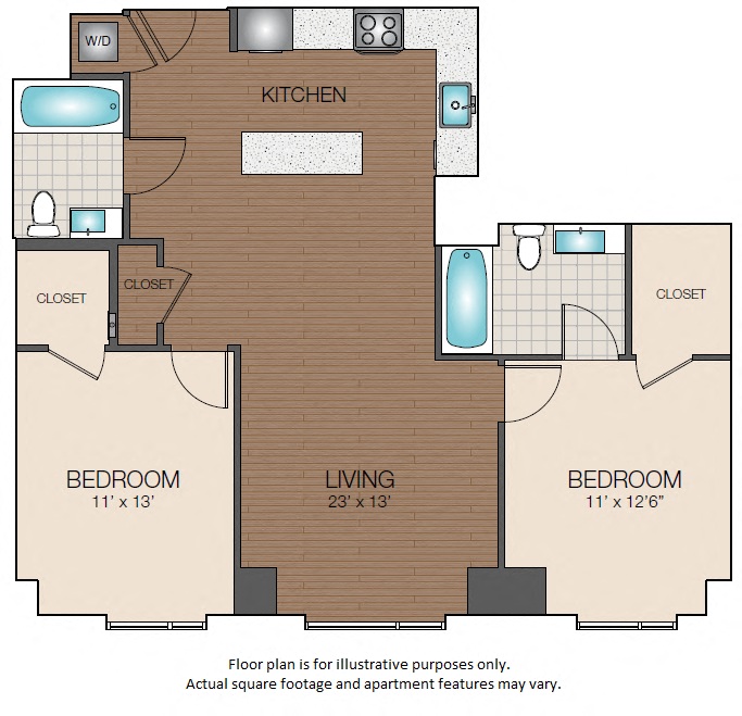 Floor plan for 2 beds, 2 baths, 1017 sqft
