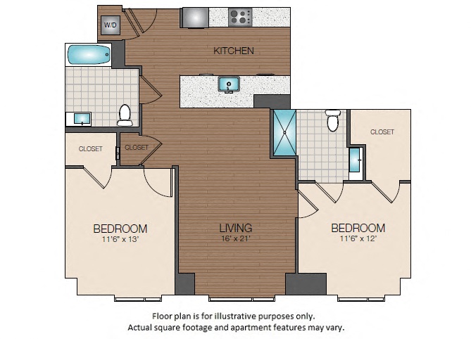 Floor plan for 2 beds, 2 baths, 1017 sqft