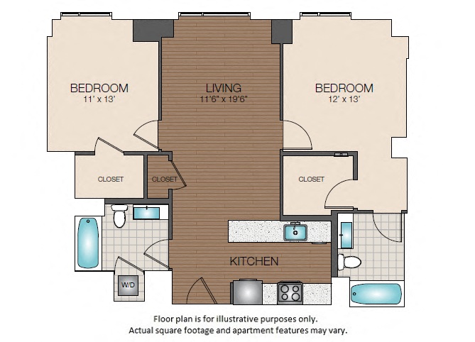Floor plan for 2 beds, 2 baths, 1004 sqft