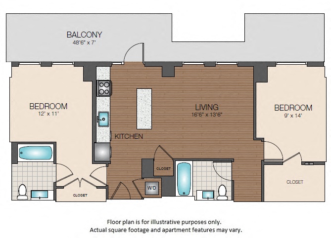 Floor plan for 2 beds, 2 baths, 1048 sqft
