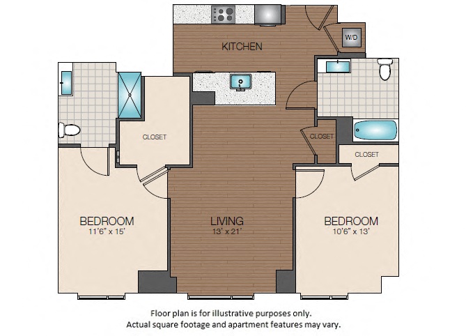 Floor plan for 2 beds, 2 baths, 1053 sqft