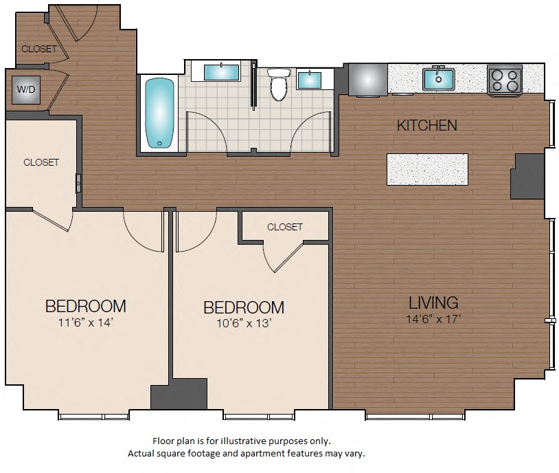 Floor plan for 2 beds, 1 bath, 1034 sqft
