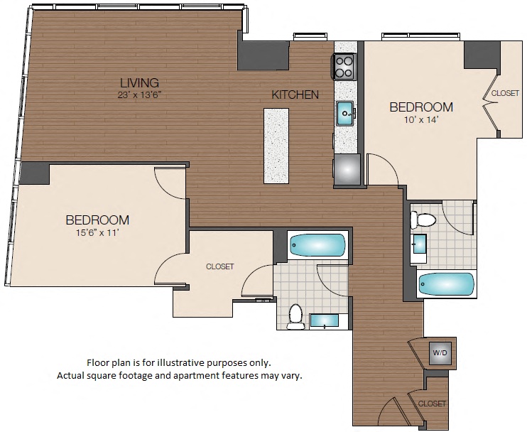 Floor plan for 2 beds, 2 baths, 1250 sqft