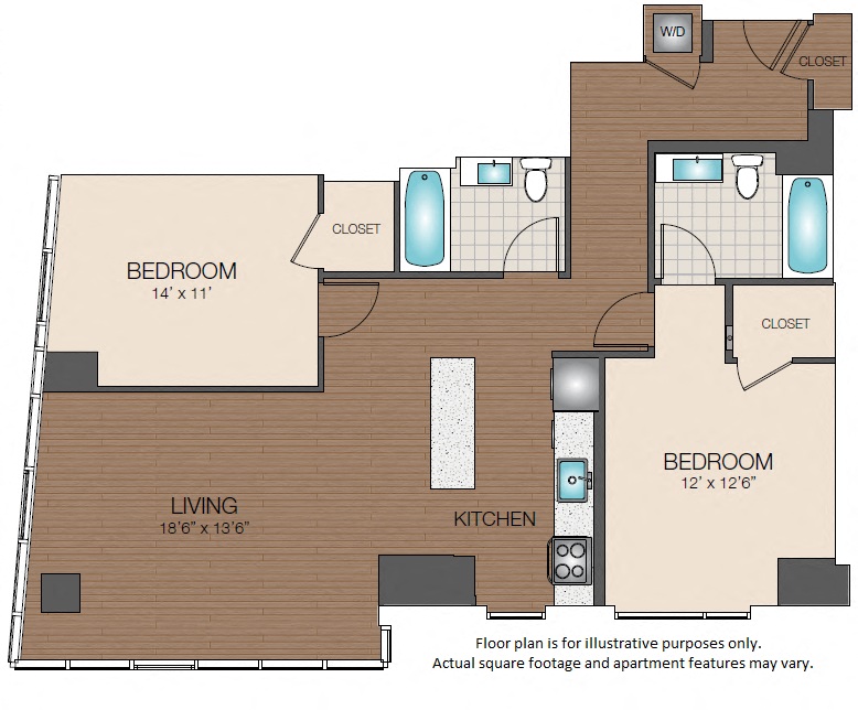 Floor plan for 2 beds, 2 baths, 1175 sqft