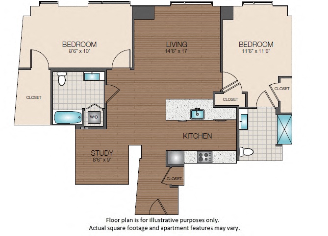 Floor plan for 2 beds, 2 baths, 1307 sqft