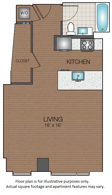 Floor plan for studio, 1 bath, 576 sqft