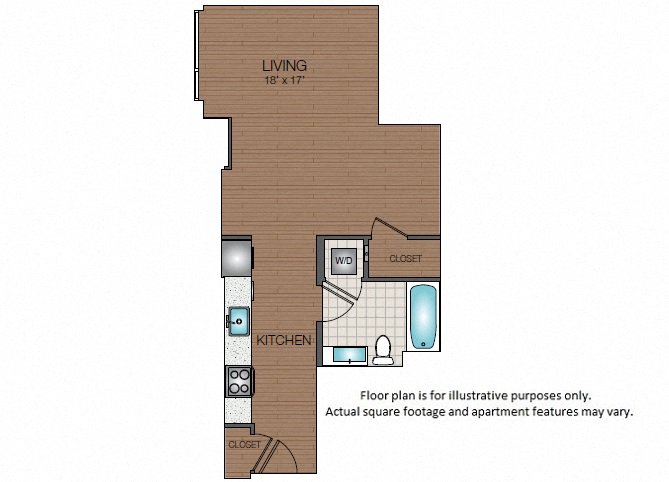 Floor plan for studio, 1 bath, 558 sqft