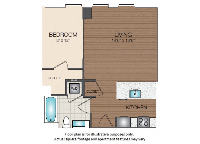 Floor plan for studio, 1 bath, 618 sqft