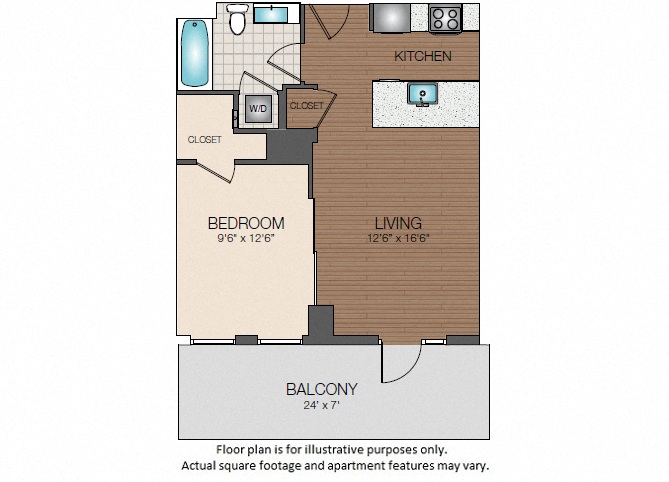 Floor plan for studio, 1 bath, 599 sqft