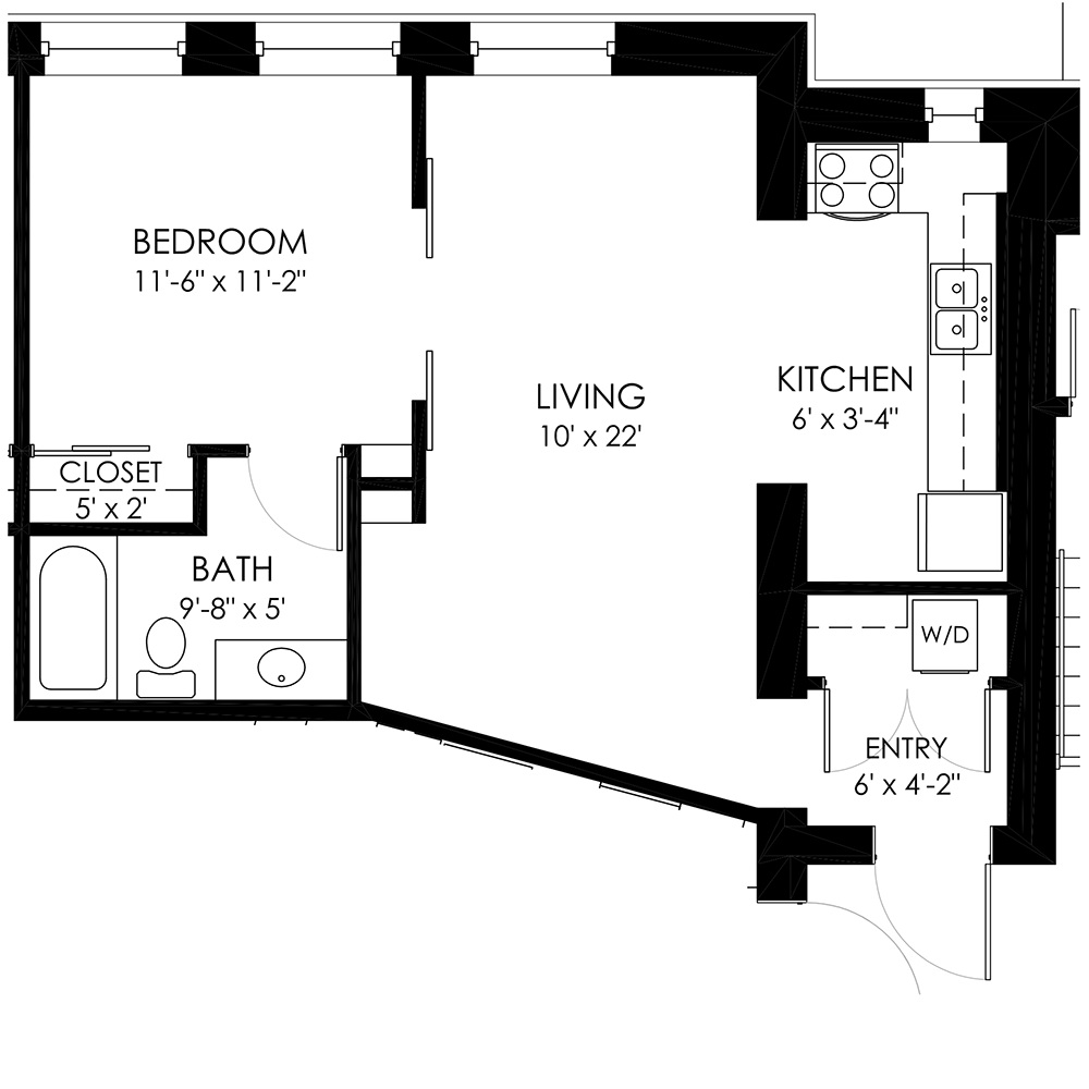 Floor plan for 1 bed, 1 bath, 1043 sqft