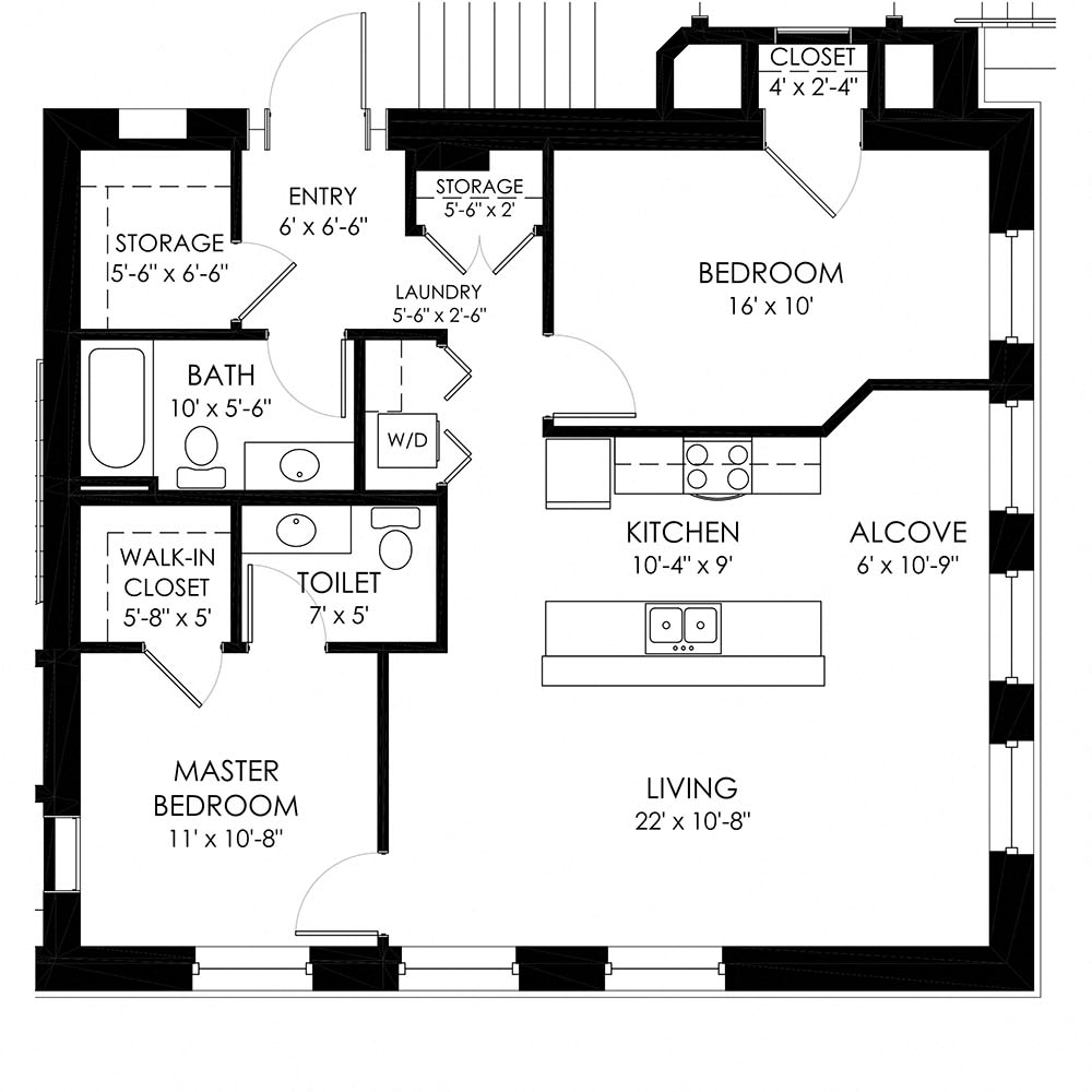 Floor plan for 2 beds, 1.5 baths, 980 sqft
