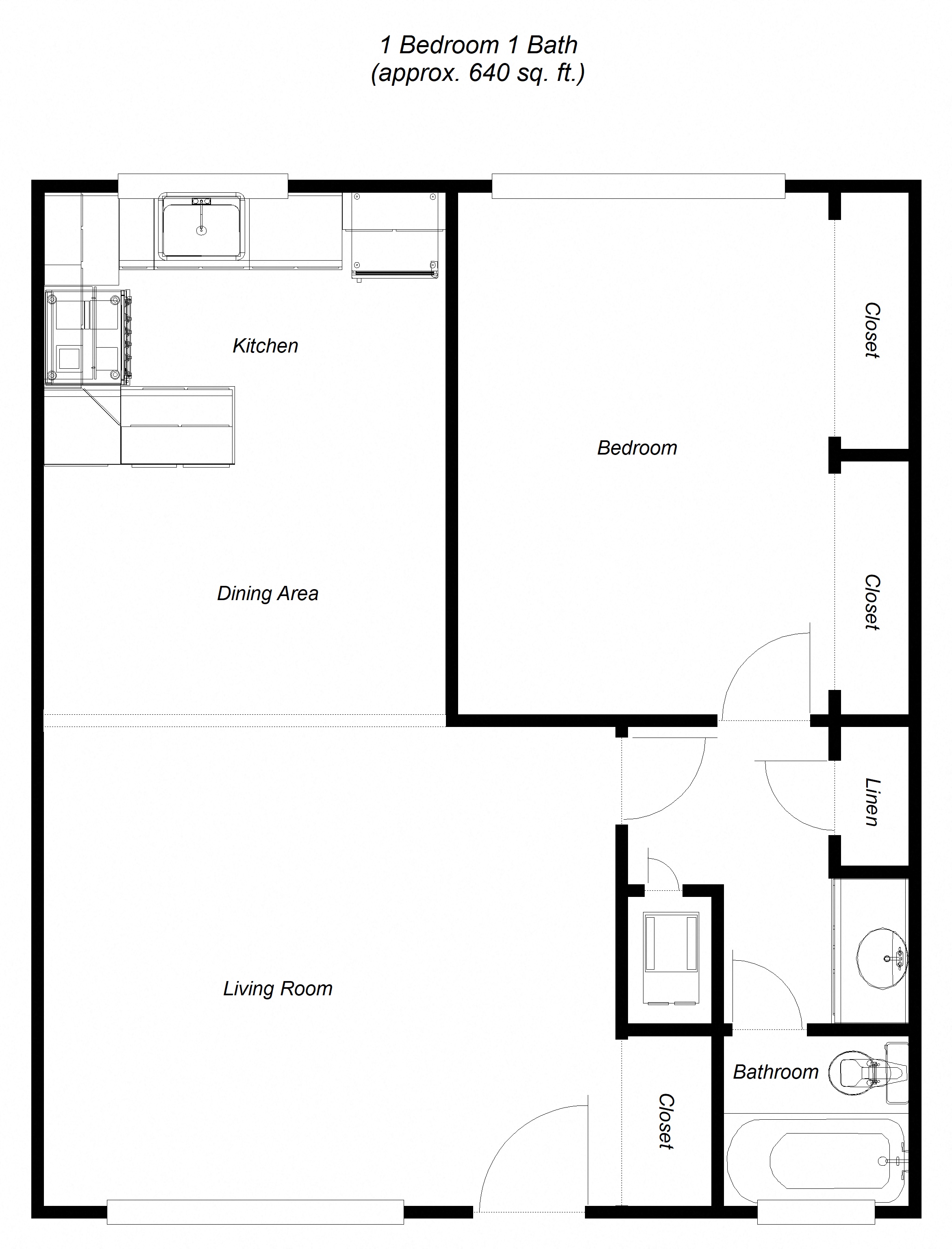 Floor plan for 1 bed, 1 bath, 601 sqft