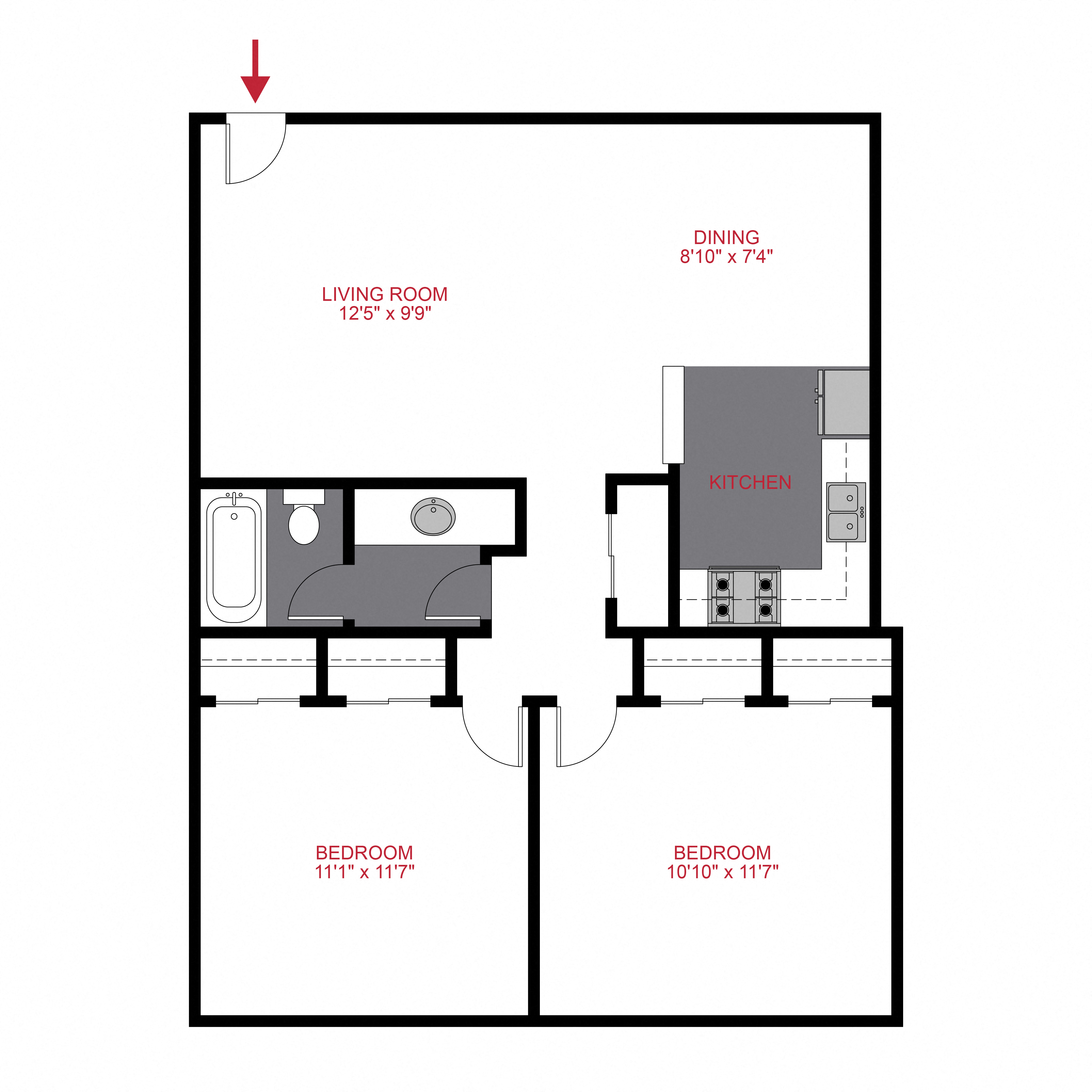 Floor plan for 2 beds, 1 bath, 850 sqft