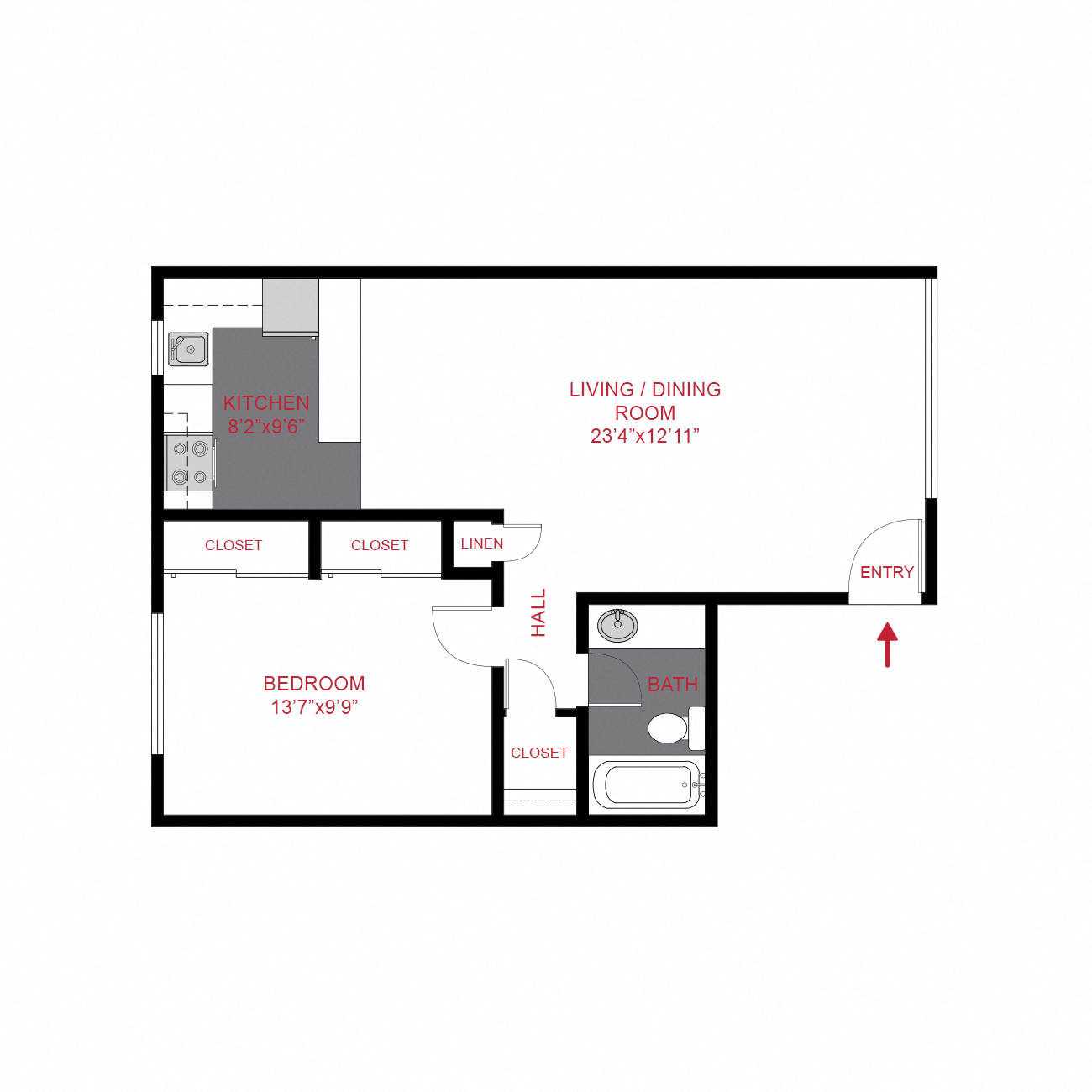Floor plan for 1 bed, 1 bath, 700 sqft