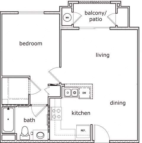 Floor plan for 1 bed, 1 bath, 633 sqft
