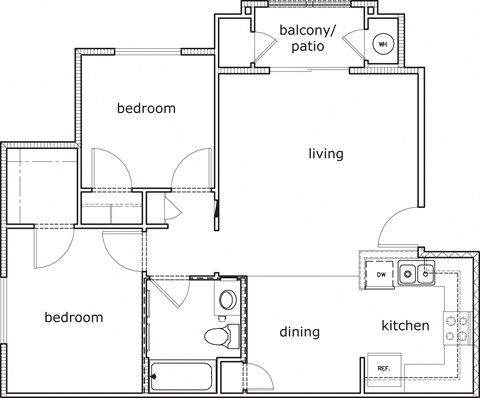 Floor plan for 2 beds, 1 bath, 814 sqft