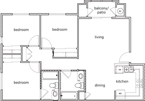 Floor plan for 3 beds, 2 baths, 1016 sqft