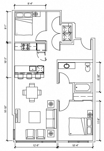 Floor plan for 1 bed, 1 bath, 884 sqft