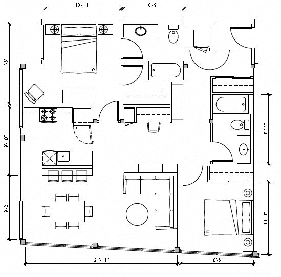 Floor plan for 2 beds, 2 baths, 1098 sqft