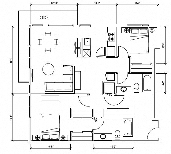 Floor plan for 2 beds, 2 baths, 1117 sqft