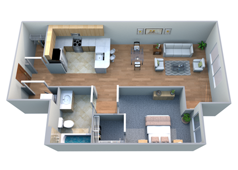 Floor plan for 1 bed, 1 bath, 719 sqft