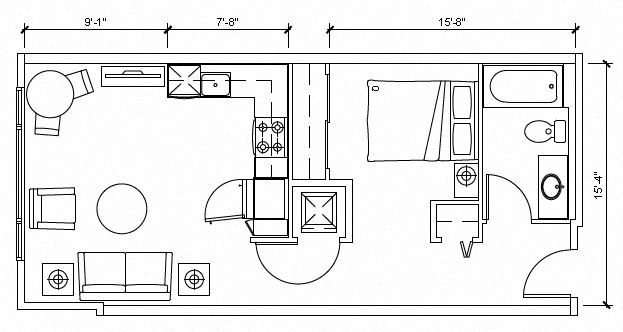 Floor plan for 1 bed, 1 bath, 574 sqft