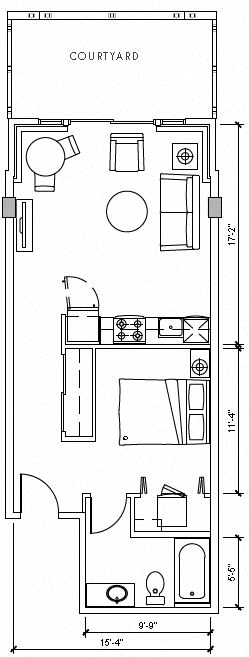 Floor plan for 1 bed, 1 bath, 576 sqft