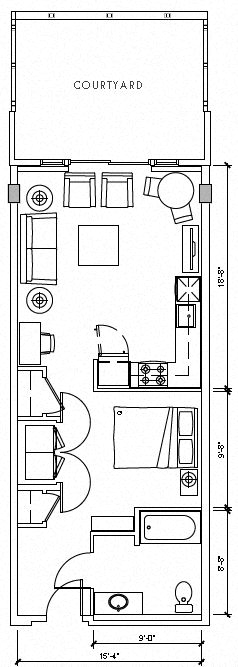 Floor plan for 1 bed, 1 bath, 622 sqft