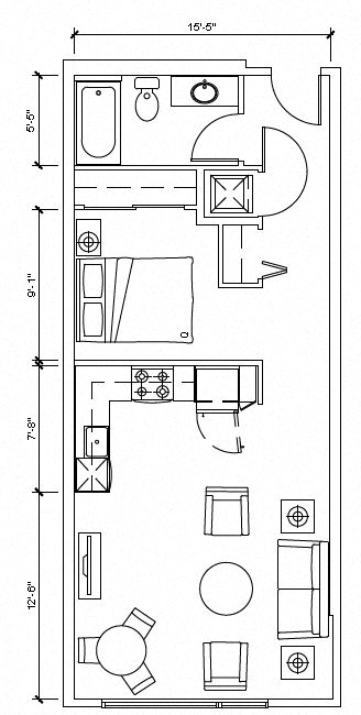 Floor plan for 1 bed, 1 bath, 626 sqft