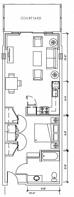 Floor plan for 1 bed, 1 bath, 687 sqft