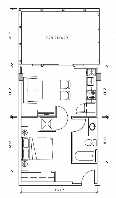 Floor plan for 1 bed, 1 bath, 477 sqft