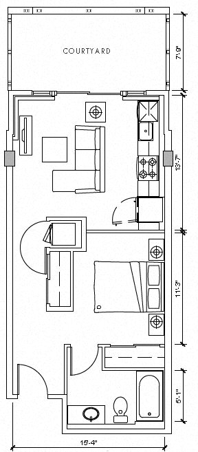 Floor plan for 1 bed, 1 bath, 536 sqft