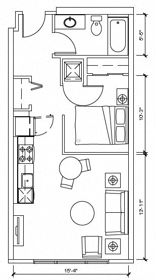 Floor plan for 1 bed, 1 bath, 539 sqft