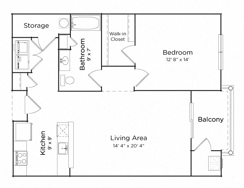 Floor plan for 1 bed, 1 bath, 914 sqft