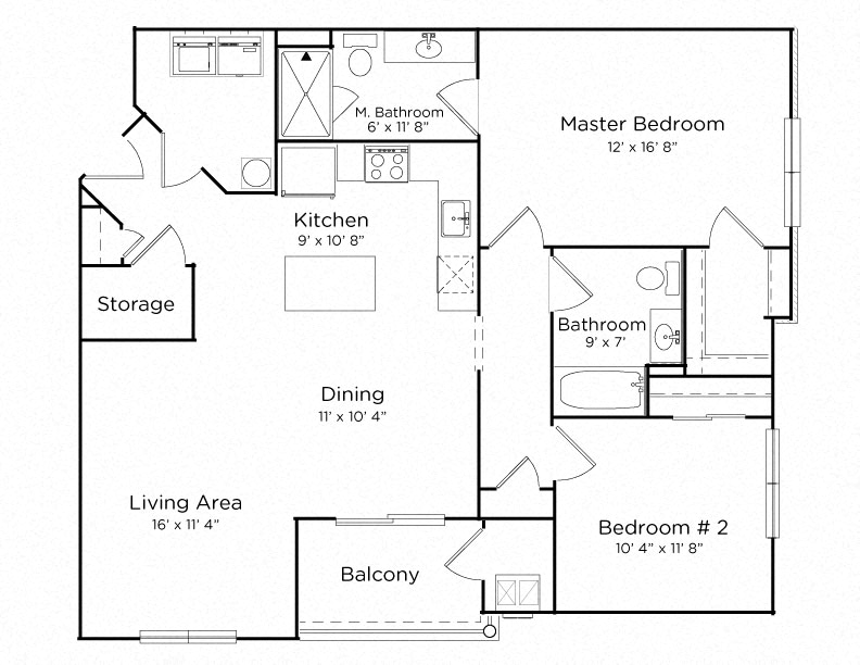 Floor plan for 2 beds, 2 baths, 1202 sqft