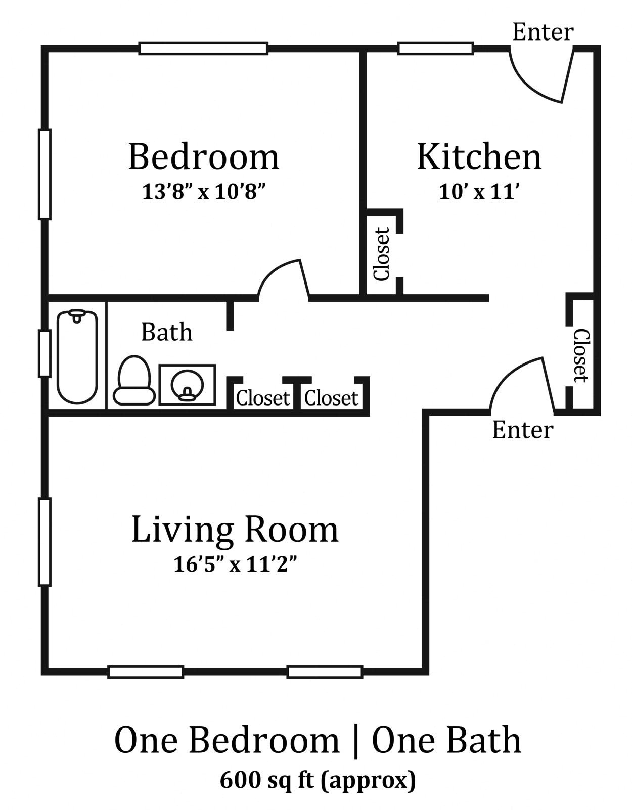 Floor plan for 1 bed, 1 bath