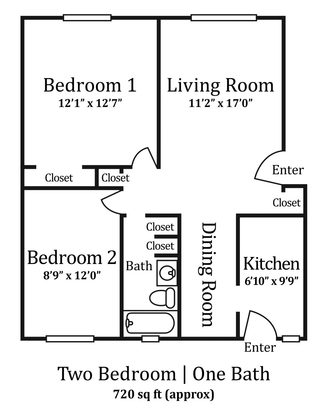 Floor plan for 2 beds, 1 bath