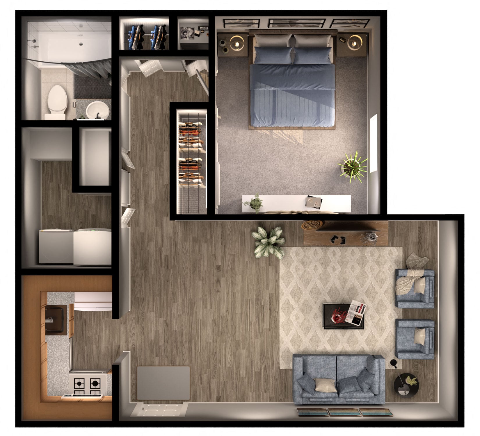 Floor plan for 1 bed, 1 bath, 640 sqft