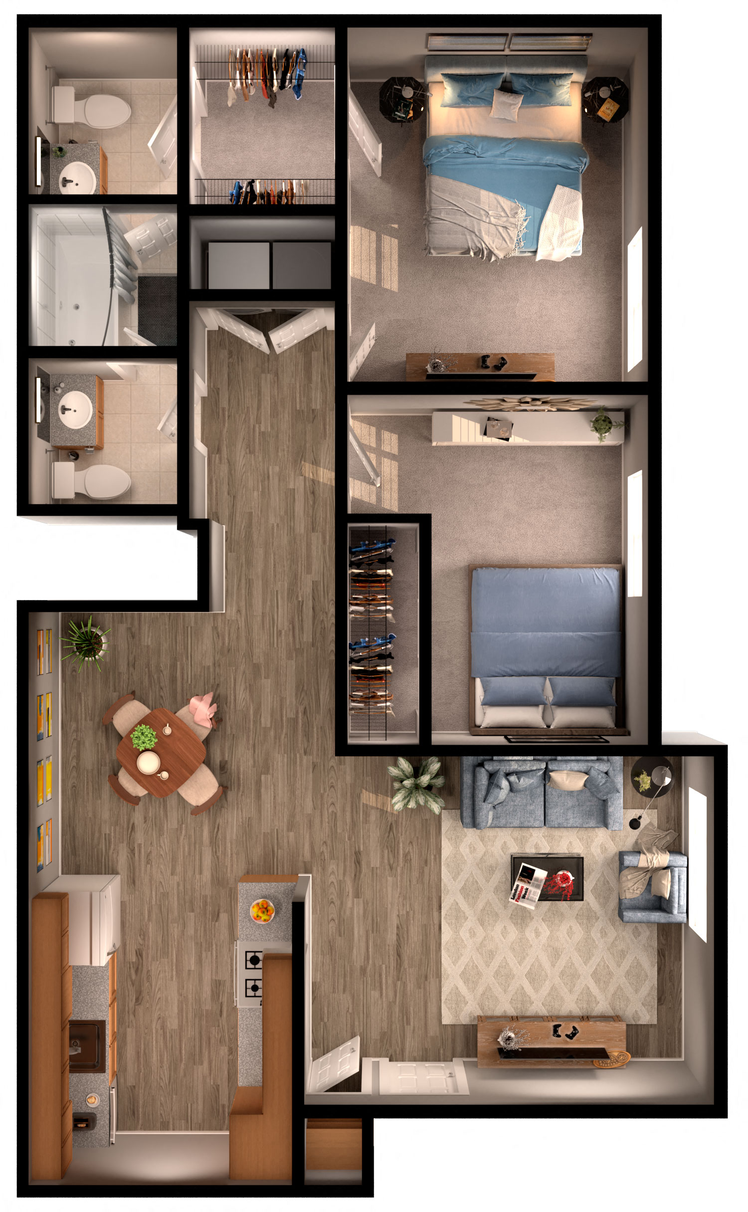 Floor plan for 2 beds, 1.5 baths, 886 sqft
